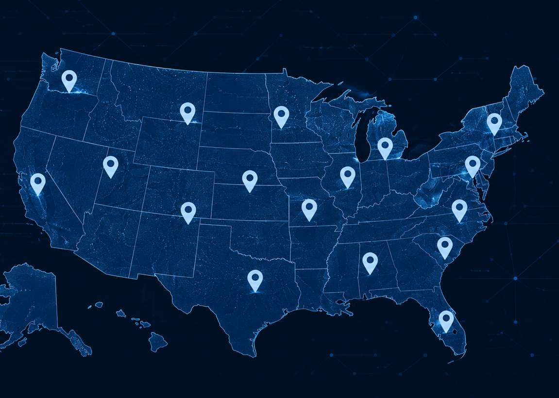 Map of the United States representing Summit Fleet Services' nationwide service network