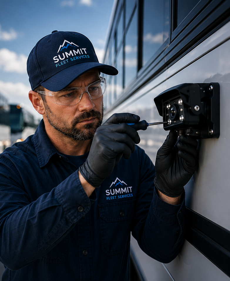 Summit Fleet Services technician installing and verifying a fleet camera system on a transit bus